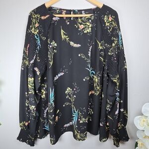 Worthington Black Floral Top Chiffon Ruched Bell Sleeves Sz 3X Classy Whimsical